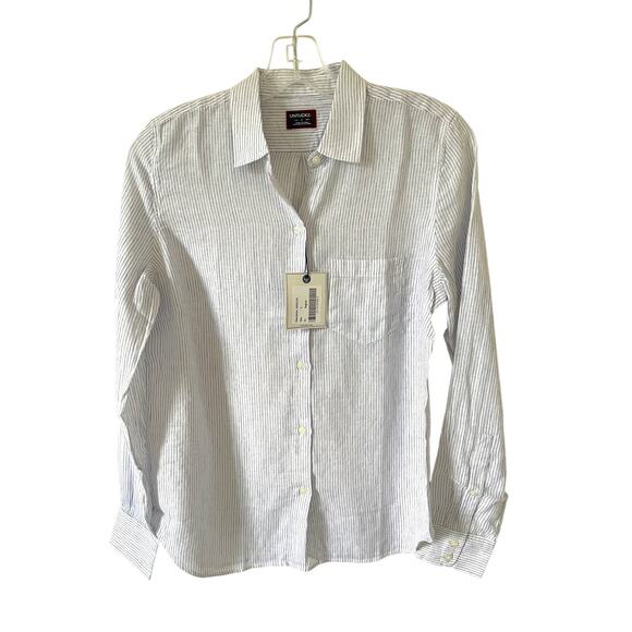 UNTUCKit Linen Striped Long Sleeve Blouse Shirt White Blue Size 2 NEW - Picture 1 of 8